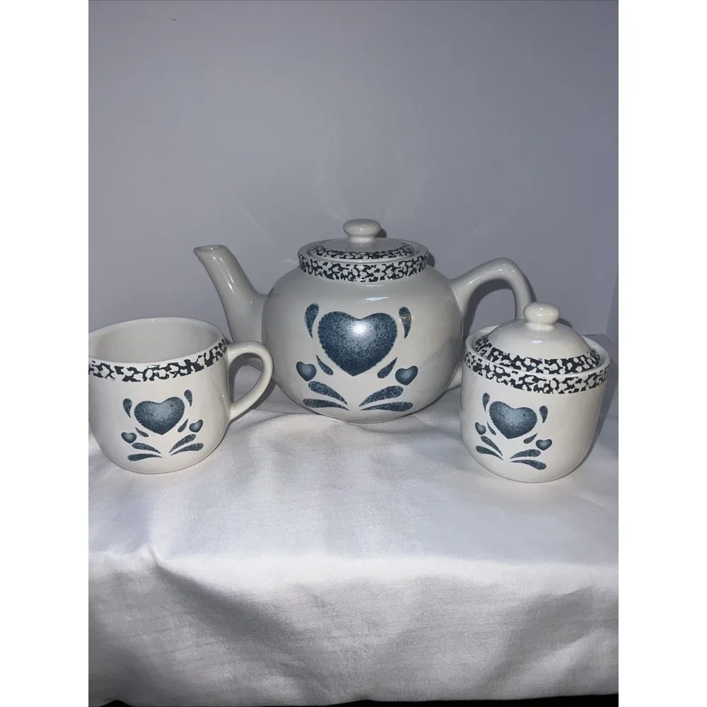 Corelle/ Jay Import Blue Heart Tea Pot Sugar & Creamer Set VTG 3 Piece